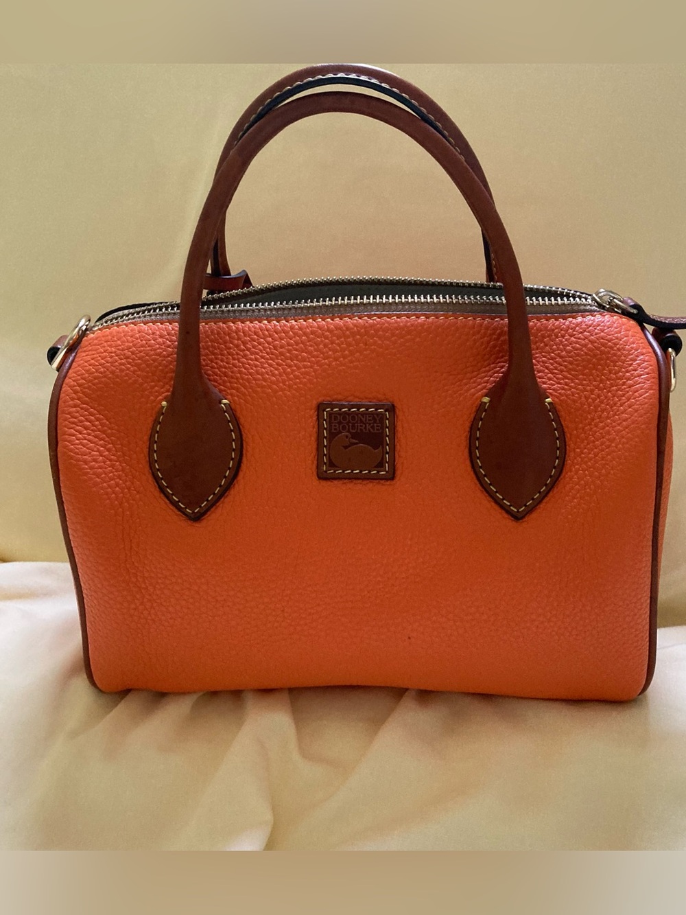 Dooney and Burke barrel Orange Leather Top-Handle Satchel with Brown Accents - Picture 2 of 13